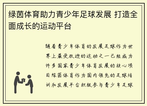 绿茵体育助力青少年足球发展 打造全面成长的运动平台